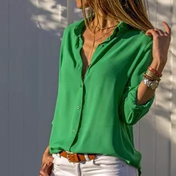 Женская элегантная однотонная шифоновая блузка, весна-лето, повседневная свободная рубашка с длинным рукавом и v-образным вырезом, офисные женские туники, топы большого размера M белый