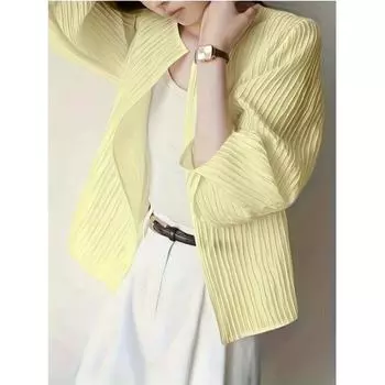 Женская элегантная плиссированная рубашка с вертикальной полоской и рукавом до локтя - Легкий топ для поездок на работу S светло-желтого