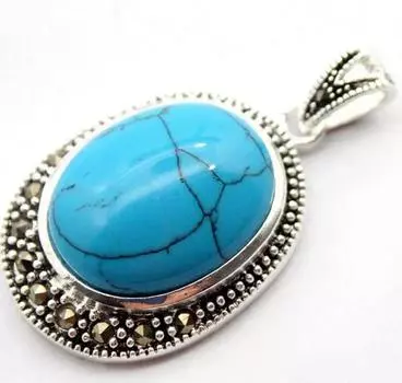 Женская элегантная подвеска из натурального бирюзового овала 30*20 мм синего цвета из стерлингового серебра 925 пробы с марказитом