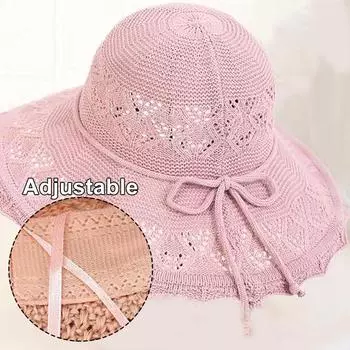 Женская элегантная полая вязаная шапка, летняя складная с бантом, декор, однотонная шляпа от солнца, дышащая пляжная шапка
