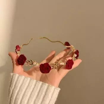 Женская элегантная повязка на голову с розовой лозой, аксессуары для волос, головной убор для девочек, винтажная тиара с металлическим цветком и жемчугом, красная роза, повязки для волос