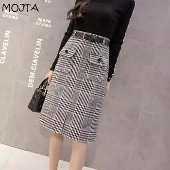 Женская элегантная повседневная офисная женская с высокой талией осенне-весенняя винтажная шерстяная сумка с решетчатыми разрезами, хип-юбка