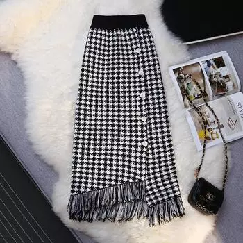 Женская элегантная повседневная уличная офисная женская юбка с высокой талией, осенне-весенняя винтажная вязаная юбка с узором «гусиные лапки» в стиле ретро S серый