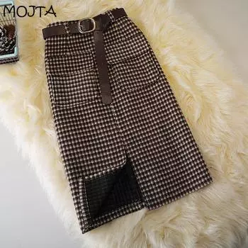 Женская элегантная повседневная женская юбка с высокой талией, осень-весна, винтажная шерстяная сумка с решеткой и разрезом, хип-юбка