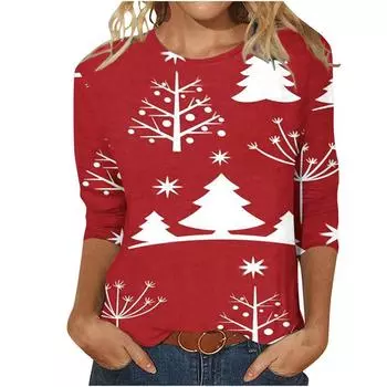 Женская элегантная рождественская повседневная свободная футболка с круглым вырезом и длинными рукавами для осени и зимы с рисунком рождественской елки S