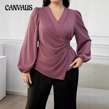 Женская элегантная рубашка с длинным рукавом и V-образным вырезом, однотонная плиссированная рубашка больших размеров 0XL фиолетовый