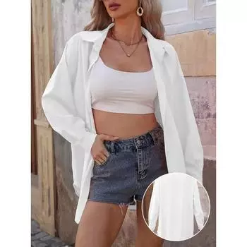 Женская элегантная рубашка с длинным рукавом на пуговицах - Однотонная, Свободного кроя, Длины до колена, Повседневная одежда для весны/лета, Удобная в носке | S белый