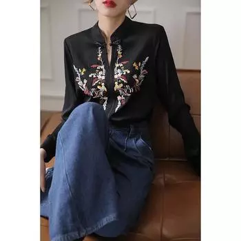 Женская элегантная рубашка с вышивкой на пуговицах в стиле ретро, рубашка в китайском стиле M чёрный