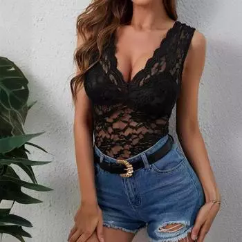 Женская элегантная сексуальная однослойная футболка с V-образным вырезом и кружевом S белый