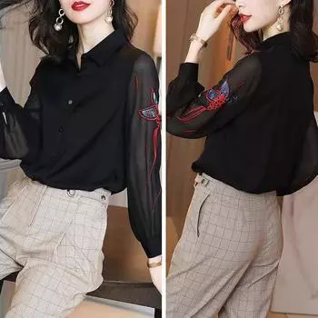 Женская элегантная шифоновая рубашка с вышивкой и длинными рукавами L чёрный