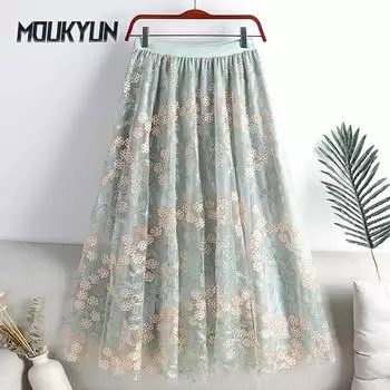 Женская элегантная юбка из тюля с вышитыми цветами, милая эластичная талия, юбка-миди с цветочным принтом и сеткой One Size зелёный