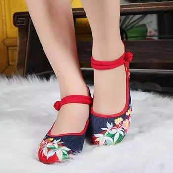 Женская элегантная вечерняя повседневная обувь на плоской подошве в китайском стиле с цветочной вышивкой 36