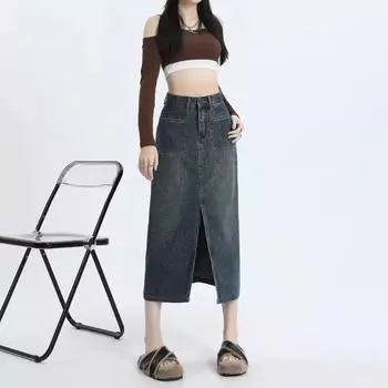 Женская элегантная винтажная джинсовая юбка осень-весна с высокой талией и разрезом А-силуэта средней длины S