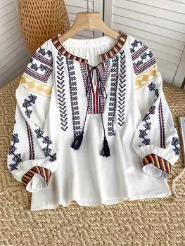 Женская элегантная вышитая блузка в национальном стиле с кисточками в стиле ретро с V-образным вырезом и рукавами-фонариками, свободные, нового дизайна, универсальные винтажные пуловеры S абрикосовый