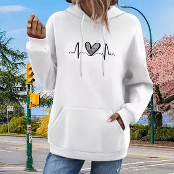 Женская электрокардиограмма Love Print Loose Hoodie Tops Блузка Толстовка Повседневный длинный рукав Пуловер Tops XS чёрный