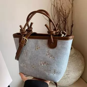 Женская элитная сумка, новинка 2024 года, холщовая сумка-ведро с вышивкой для воды, модная сумка через плечо, цельная замена