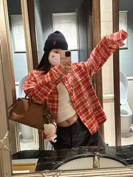 Женская американская ретро клетчатая рубашка - Летний/Весенний топ свободного кроя M красный