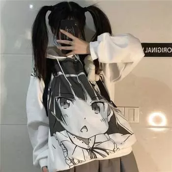 Женская аниме-толстовка с принтом, японская Harajuku Manga Kawaii, милые толстовки с капюшоном, уличная одежда S белый