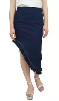 Женская асимметричная джинсовая юбка с высокой талией и рюшами Bimba с боковой молнией-L Large темно-синий