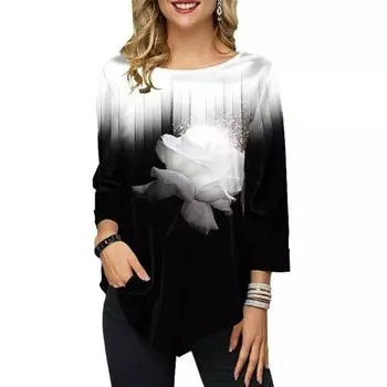 Женская асимметричная футболка с круглым вырезом и длинным рукавом, блузка с цветочным принтом XXXL чёрный