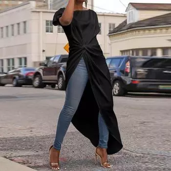 Женская асимметричная кромка, однотонная, с круглым вырезом, свободная, с короткими рукавами L чёрный