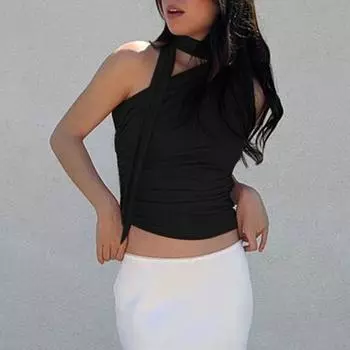 Женская асимметричная майка на одно плечо, сексуальная лента с разрезом на шее, без рукавов, сплошной цвет, приталенный укороченный жилет S чёрный
