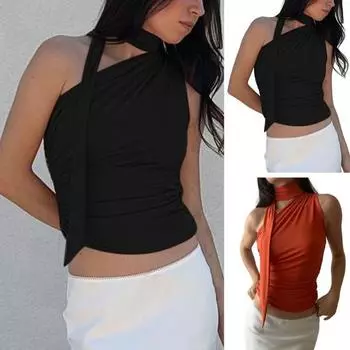 Женская асимметричная майка на одно плечо, сексуальная лента с разрезом на шее, без рукавов S чёрный