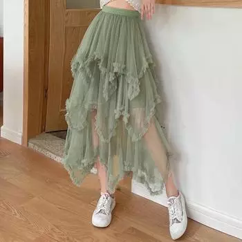 Женская асимметричная тюлевая бальная юбка, элегантная юбка трапециевидной формы из феи с высокой талией на весну и лето One size зелёный
