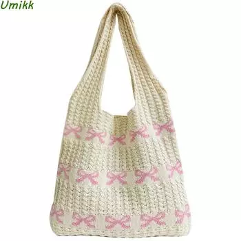 Женская эстетичная сумка на плечо с бантом, вязаная крючком сумка для подмышек, большая вместительная вязаная сумка для покупок, многофункциональная женская сумка-тоут