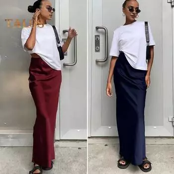 Женская атласная длинная юбка русалки с высокой талией, элегантная однотонная однотонная юбка трапециевидной формы на молнии для повседневной носки для работы и вечеринки S темно-красного