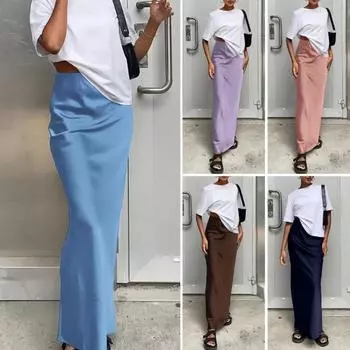 Женская атласная длинная юбка русалки с высокой талией, элегантная однотонная однотонная юбка трапециевидной формы на молнии для повседневной носки для работы и вечеринки M кофейный