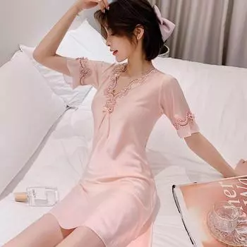 Женская атласная кружевная ночная рубашка - Ice Silk, рукав средней длины, цветочный узор для весны и лета M красный