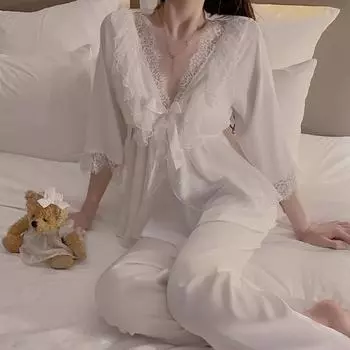 Женская атласная кружевная пижама с глубоким V-образным вырезом, 2 предмета, утепленная кружевная атласная плиссированная талия, повседневная куртка, пижамный комплект M