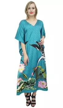 Женская атласная макси-кафтановая накидка Bimba с бирюзово-голубым цветочным принтом и птицами 10 тил синий