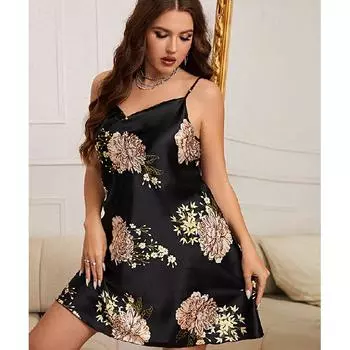 Женская атласная ночная рубашка больших размеров с цветочным узором, платье-комбинация, одежда для сна 1XL-5XL 1XL чёрный