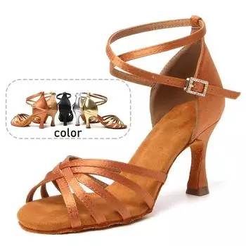 Обувь для латиноамериканских танцев/обувь для сальсы для женщин, атлас, 7 см 34 темно-коричневого