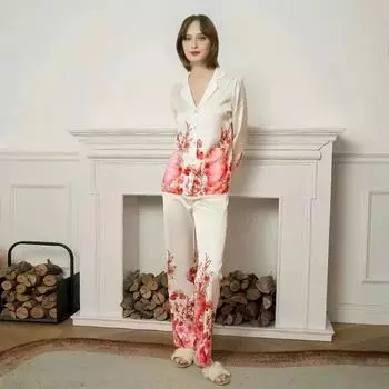 Женская атласная пижама из шелка Mulberry с принтом, женская длинная пижама из двух частей для сна, женская домашняя одежда, элегантный комплект из шелковой пижамы M