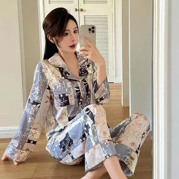Женская атласная пижама с длинным рукавом и длинными штанами, пижамный комплект с принтом, пижама с лацканами, повседневная домашняя одежда M