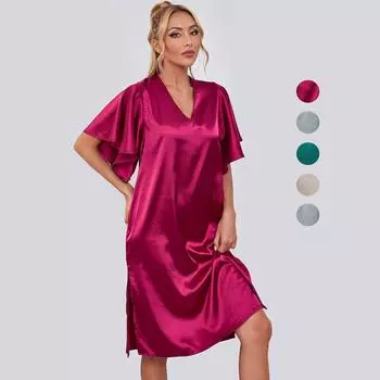 Женская атласная пижама с v-образным вырезом, ночная рубашка с короткими рукавами, свободное платье для сна, летняя удобная повседневная одежда для дома и отдыха XL синий
