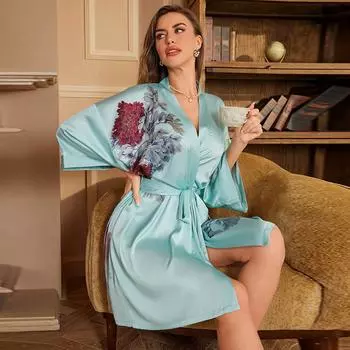 Женская атласная роскошная ночная рубашка с длинными рукавами, домашняя одежда, женский сексуальный кардиган на шнуровке, халат, пижама