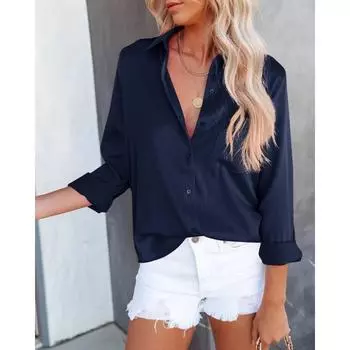 Женская атласная рубашка с длинным рукавом и v-образным вырезом S чёрный