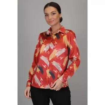 Женская атласная рубашка с длинным рукавом из лайкры кирпично-красного бежевого цвета с рисунком DK 1010