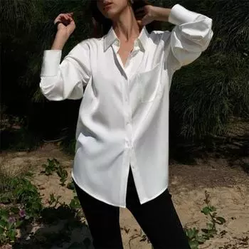 Женская атласная рубашка с длинными рукавами, с эксклюзивным дизайном и свободным верхом S белый