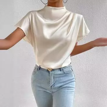 Женская атласная рубашка с короткими рукавами, свободная, повседневная и универсальная, тонированная рубашка с круглым вырезом S белый