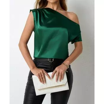 Женская атласная рубашка весна-лето имитация шелка неровные диагональные плечи цельный воротник без рукавов блузки и рубашки S чёрный