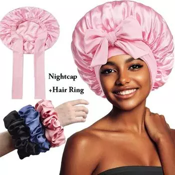 Женская атласная шапочка-чепчик, однотонная шапочка для сна, эластичная повязка на завязку, ночная шапочка для душа, повязка на голову, чепчик, простые аксессуары для волос чёрный