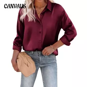 Женская атласная шелковая рубашка с завязками на пуговицах, повседневные свободные однотонные топы с длинными рукавами S чёрный