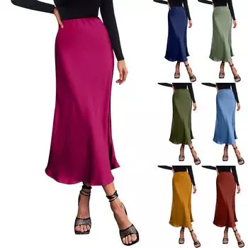 Женская атласная юбка-миди нарядная повседневная трапециевидная юбка с высокой талией и струящимися рюшами элегантные вечерние юбки L