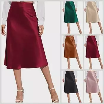 Женская атласная юбка миди с высокой талией - однотонная, на молнии, элегантное летнее платье (2022) XL чёрный