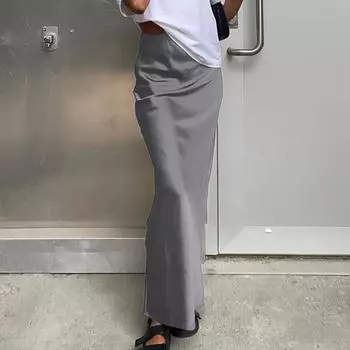 Женская атласная юбка с высокой талией, длинная юбка миди, узкая юбка-трапеция с запахом и бедрами из искусственного шелка для уличной моды на весну и лето S серый